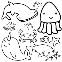 Sea animals doodle icon set vector illustration. Suitable for sticker pack, icon, logo and graphic design elements