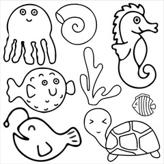 Sea animals doodle icon set vector illustration. Suitable for sticker pack, icon, logo and graphic design elements