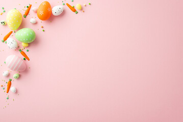 Easter decor concept. Top view photo of colorful easter eggs and carrot shaped sprinkles on isolated pastel pink background with copyspace