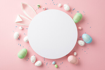 Easter concept. Top view photo of white circle easter bunny ears green blue pink eggs and sprinkles on isolated pastel pink background with blank space