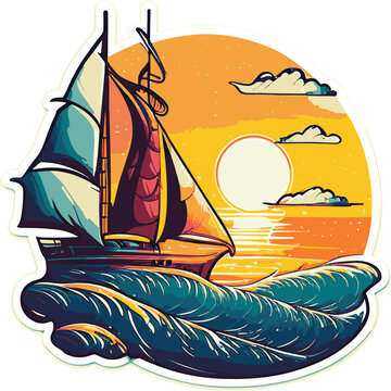 Vector image of small sailing yacht. Sea wave, sunset and small sailing ship..