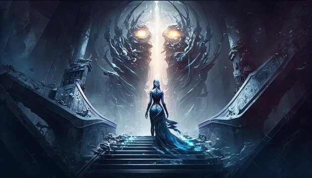 beautiful woman in a fantasy world, underworld queen, journey into the greater universe, gothic ghost witch, generative ai