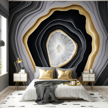 luxury hotel room with abstracting wall and big bed , photo, furniture