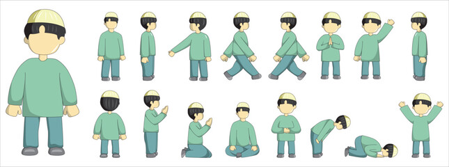moslem boy set character vector illustration with turquoise and blue outfit, suitable for sticker pack and ramadan graphic design elements. Moslem cartoon character illustration.