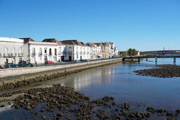 old town of Tavira at the river Gilão in the Eastern Algarve                          