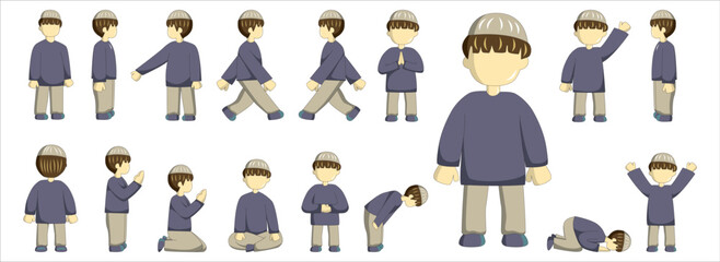 moslem boy set character vector illustration with navy and grey outfit, suitable for sticker pack and ramadan graphic design elements. Moslem cartoon character illustration.