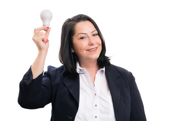 Female entrepreneur holding lightbulb as good idea concept