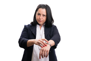 Angry entrepreneur with serious expression pointing at watch