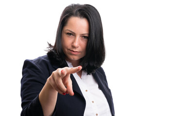 Adult businesswoman pointing at camera as supervisor concept