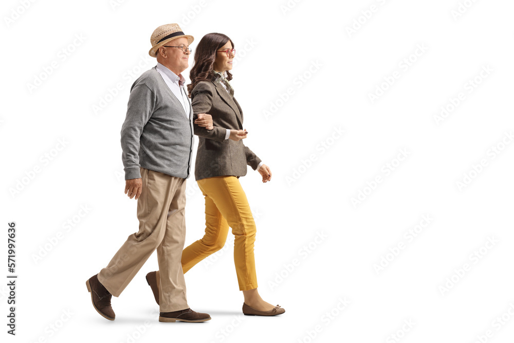 Sticker elderly man holding a young woman under arm and walking