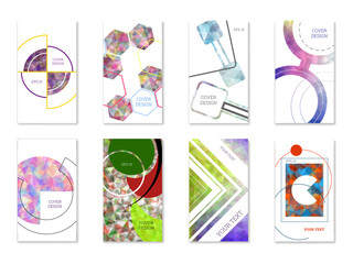 Cover design. Set of 8 covers. Imitation of crumpled paper. Unusual bright abstract background for magazine, book, splash, banner, vector. Imitation of crumpled paper