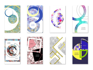 Cover design. Set of 8 covers. Imitation of crumpled paper. Unusual bright abstract background for magazine, book, splash, banner, vector. Imitation of crumpled paper