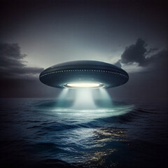 Fototapeta na wymiar UFO Hovers Over Ocean - Generative Ai