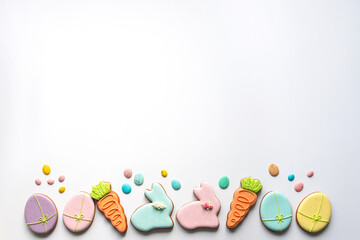 sweet for easter table on background top view copy space
