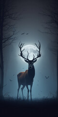 Big dark brown deer in the night forest with full moon on background - AI generative