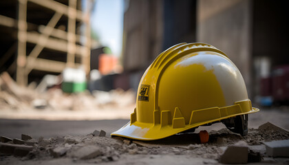 Yellow safety helmet construction site background Generative AI