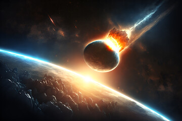Obraz premium Attack of the asteroid on the earth a meteor glowing and entering the earth's atmosphere Generative AI