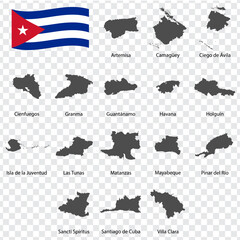 Obraz premium Sixteen Maps Provinces of Cuba - alphabetical order with name. Every single map of Region are listed and isolated with wordings and titles. Cuba. EPS 10.
