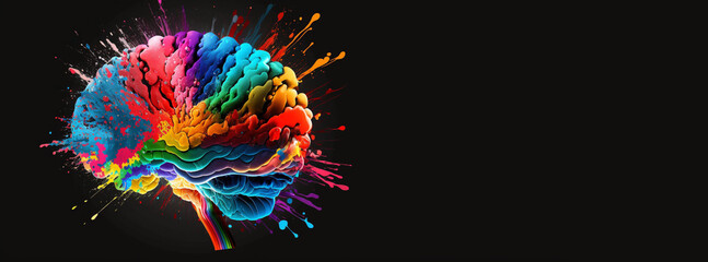Obraz na płótnie Canvas Colorful Brain Bursting With Creativity, Copy Space in right, black background, for presentation slide | Generative art 