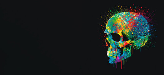 Colorful Skull Made With Liquid Colors, Copy Space on left for Edit, Black Background | Generative art 