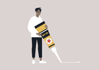 A young male African character holding a giant tube of glue