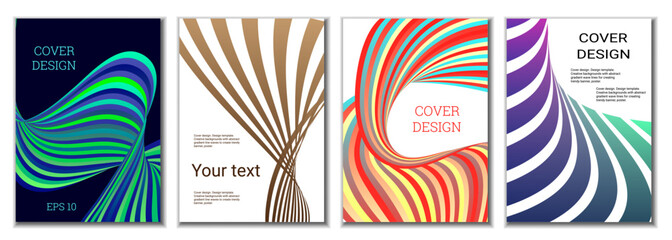 A set of 4 abstract covers. Wavy parallel gradient lines, ribbons evolve. Cover design, background. Trendy banner, poster.