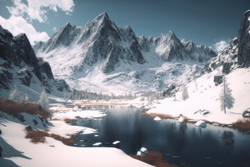 Mountains and lake in winter. AI generative