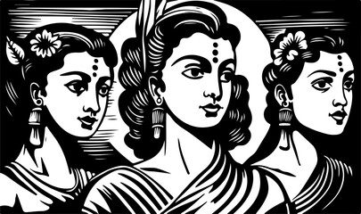Beautiful and trendy black and white linocut popart or colouring page of an indian women