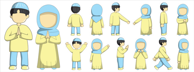 Fototapeta na wymiar Moslem boy and girl character with blue and yellow pastel outfit. Moslem couple cartoon character. Suitable for ramadhan graphic design element and sticker pack