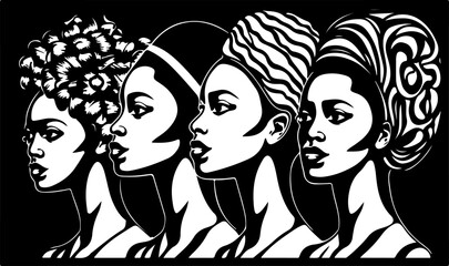 Beautiful and trendy black and white linocut pop art or colouring page of an african american women