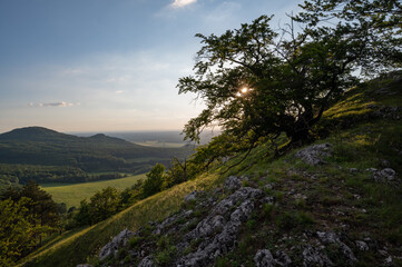 view of hill meadows and Spiš Castle in the Slovak Little Carpathian Mountains with the setting sun in the background
