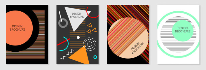 Fototapeta premium Set of cover design in Memphis style. Geometric design, abstract background. Fashionable bright cover, banner, poster, booklet. Creative colors.
