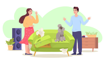 Shocked couple looking at poodle sitting on broken sofa. Upset man and woman and naughty dog on couch flat vector illustration. Pets or domestic animals, furniture concept for banner or website design