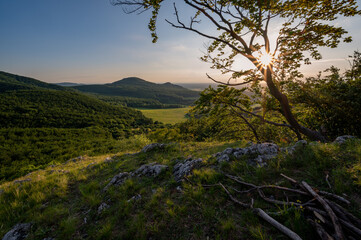 view of hill meadows and Spiš Castle in the Slovak Little Carpathian Mountains with the setting sun in the background