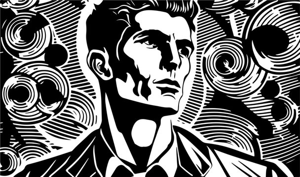 Beautiful and trendy black and white linocut popart or colouring page of a caucasian man