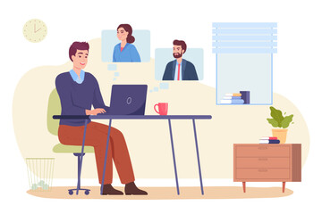 Male office worker collaborating with colleagues via internet. Company employee working remotely on laptop flat vector illustration. Teamwork, business, technology, communication concept for banner
