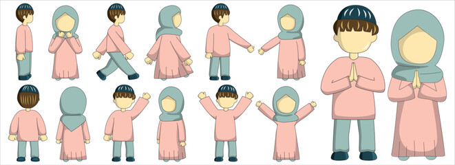 Moslem boy and girl character with pink and blue pastel outfit. Moslem couple cartoon character. Suitable for ramadhan graphic design element and sticker pack