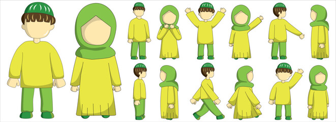 Moslem boy and girl character with green and lime color outfit. Moslem couple cartoon character. Suitable for ramadhan graphic design element and sticker pack