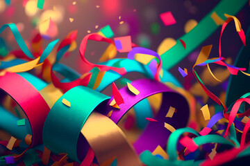 Party background with colorful ribbons and confetti. 3d rendering. Generative AI