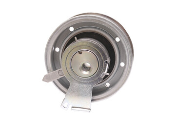 Automobile spare part. Close up repair kit: Tensioner pulley Deflection pulley. close-up on white background front view