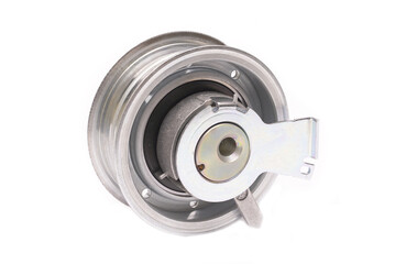 Automobile spare part. Close up repair kit: Tensioner pulley Deflection pulley. close-up on a white background rear view