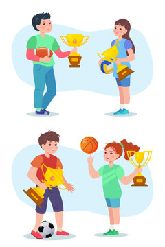 Child winners with trophies vector illustrations set. Cartoon boy and girl characters with golden cups and football, volleyball, basketball balls on white background. Sport, victory, success concept