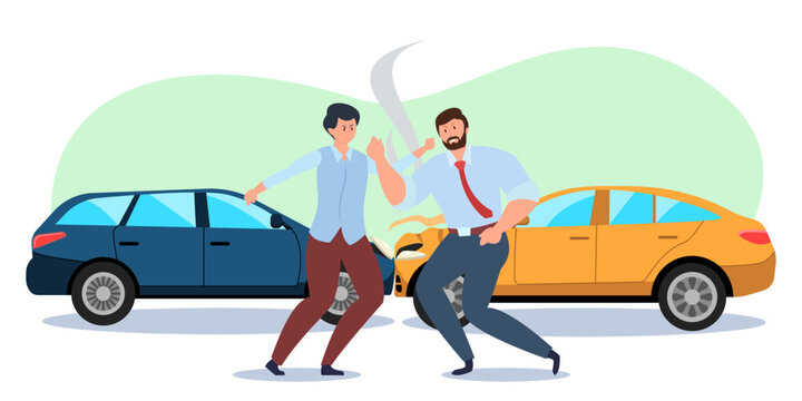 Angry car drivers fighting at accident site. Furious men arguing because of car crash flat vector illustration. Conflict, traffic safety, insurance concept for banner or website design