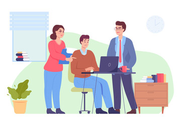 Upset employee working at laptop and colleagues arguing. Male and female co-workers collaborating on business project in office flat vector illustration. Teamwork or cooperation, conflict concept