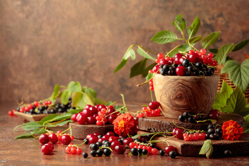 Cherries, red and black currants on the kitchen table.