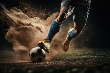 Professional football or soccer player in action on stadium with flashlights, kicking ball for winning goal, wide angle. Concept of sport, competition, motion, overcoming. (ai generated)