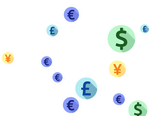 Euro dollar pound yen round symbols flying currency vector background. Profit growth concept.