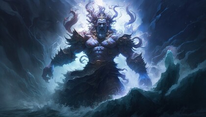 Susanoo, the god of the sea and storms, was revered for his courage and strength, but also feared for his unpredictable temper. AI generation.