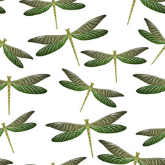 Dragonfly flat seamless pattern. Summer dress fabric print with darning-needle insects. Close up