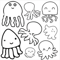 Octopus doodle icon set vector illustration. Suitable for sticker pack, logo, icon and graphic design elements